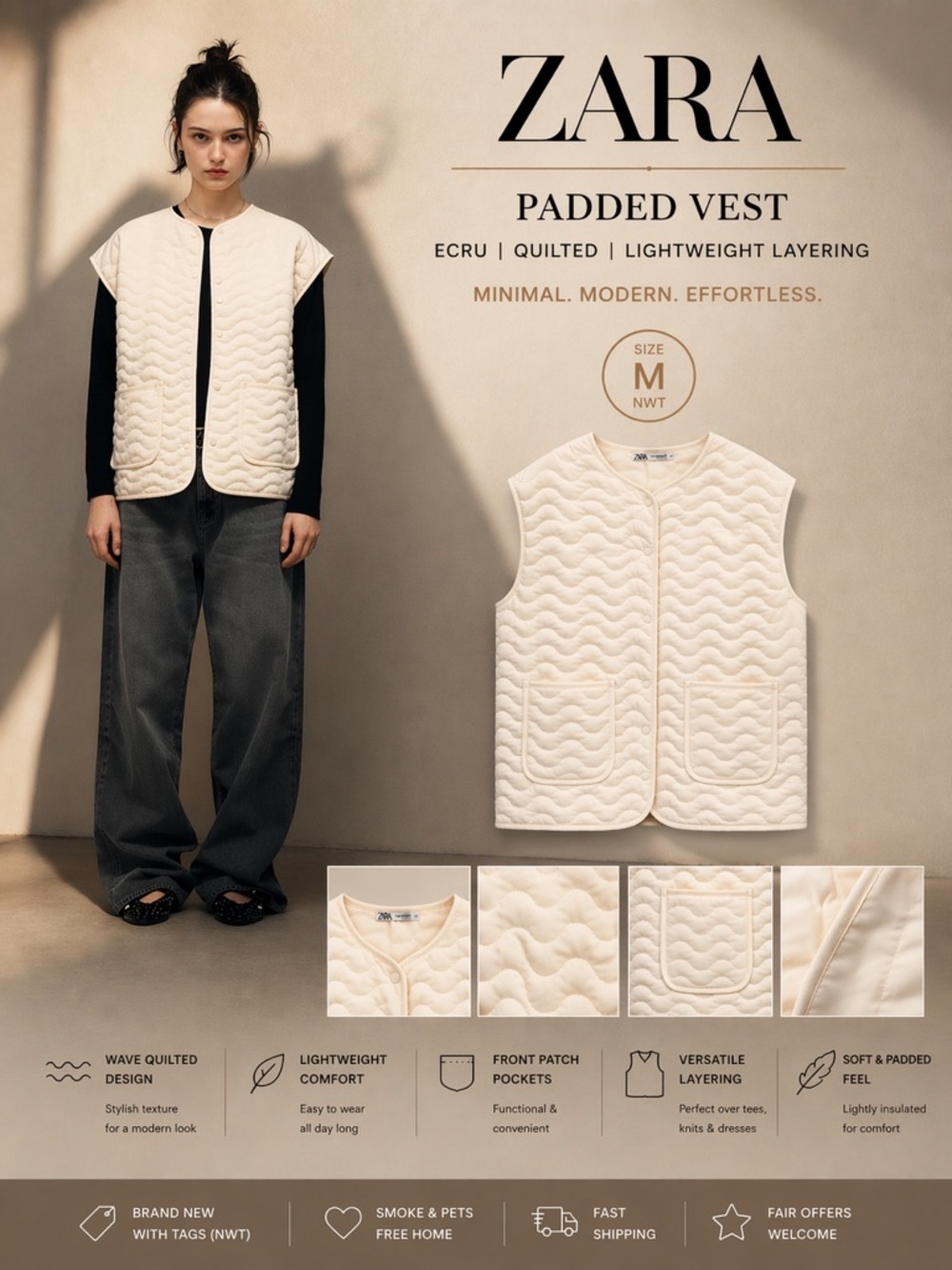 ZARA Ecru Quilted Padded Vest NWT Size M Lightweight Textured Layering Vest